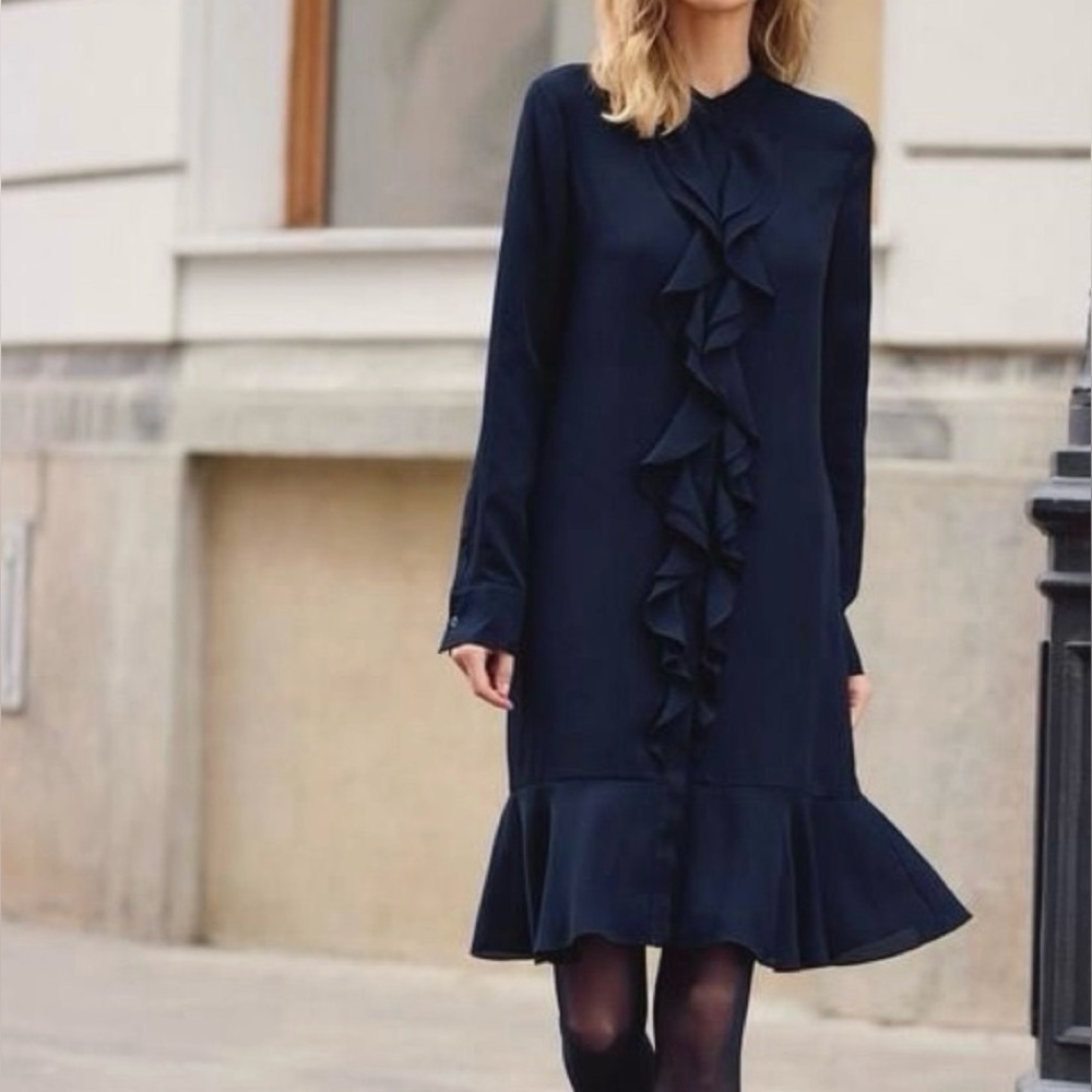 Tory Burch Jane Ruffle Long Sleeve Dress Navy Blue Shift , size 10